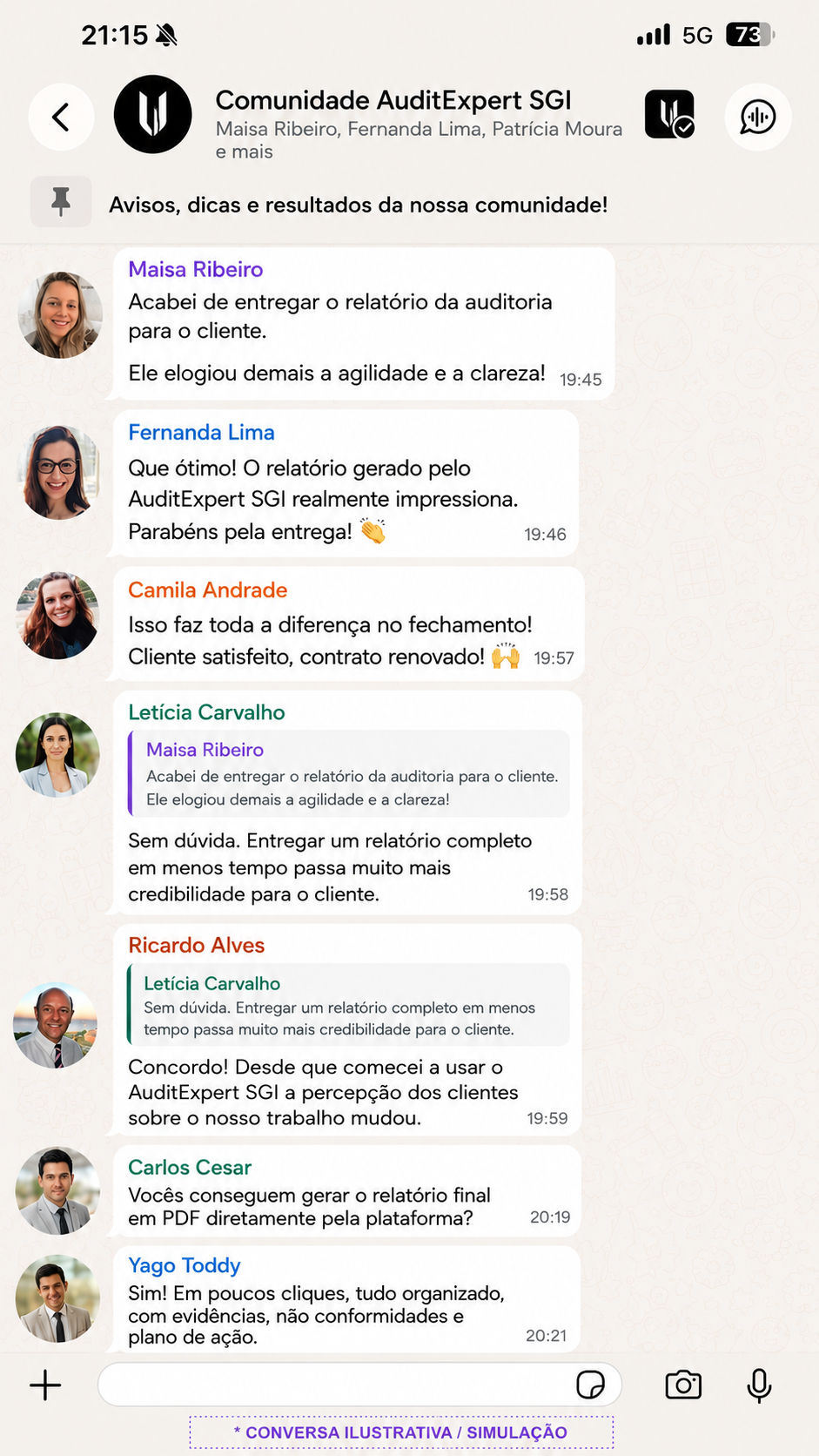 Print de conversa da Comunidade AuditExpert SGI sobre entrega de relatório elogiada pelo cliente