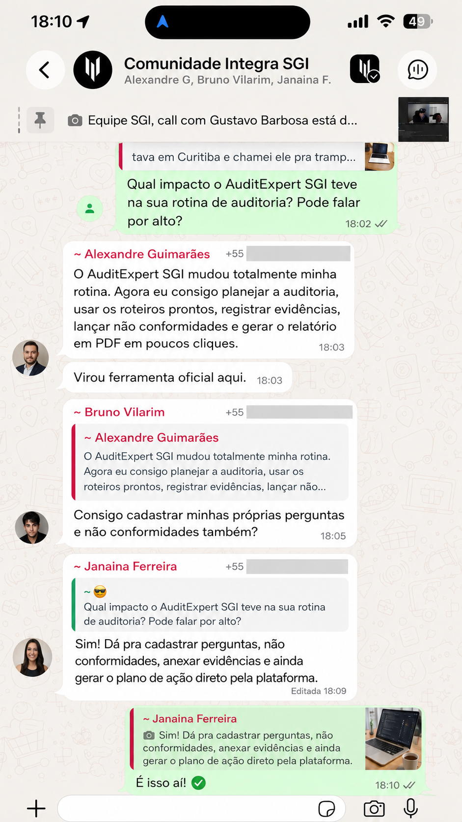 Print de conversa da comunidade sobre cadastrar perguntas, NCs e plano de ação na plataforma