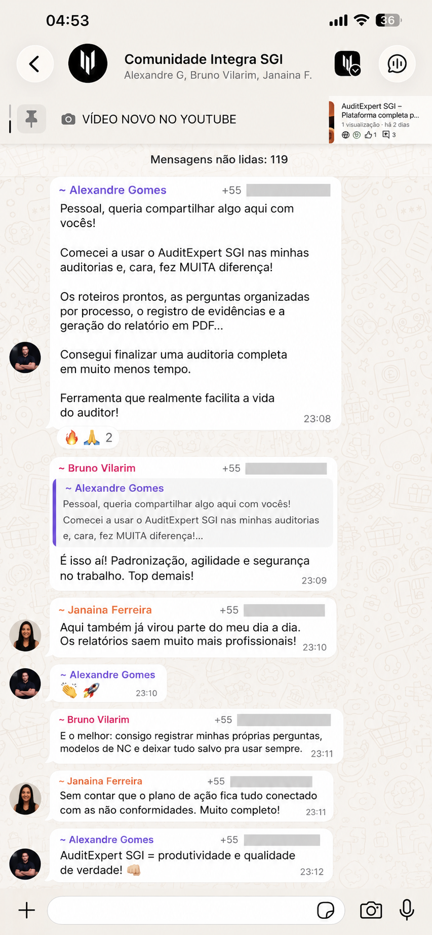 Print de conversa da Comunidade Integra SGI sobre roteiros prontos e relatório em PDF