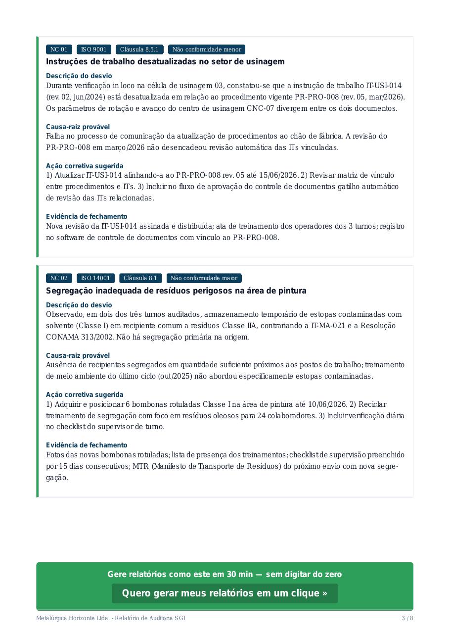 Página 3 do modelo de relatório de auditoria — Não conformidades