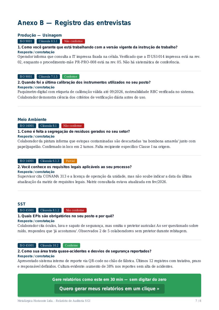 Página 4 do modelo de relatório de auditoria — Registro de entrevistas